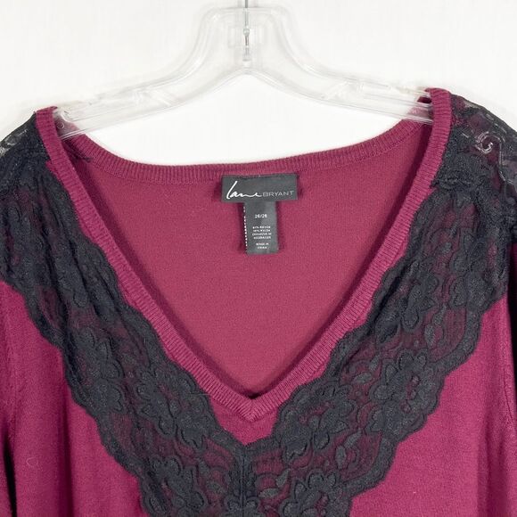 Lane Bryant Plus Size 26 28‎ Top Knit Burgundy Black Lace Sweater V Neck 639 - Picture 7 of 10